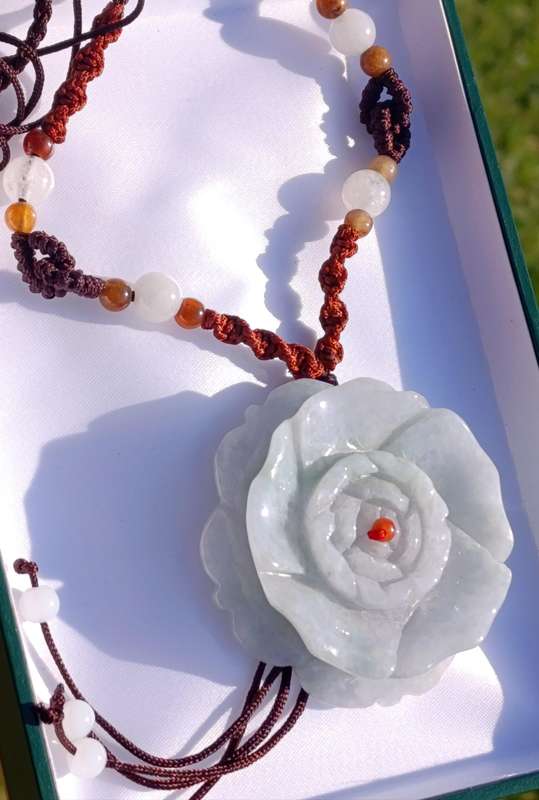 Large White Ice Jade Flower Pendant Necklace