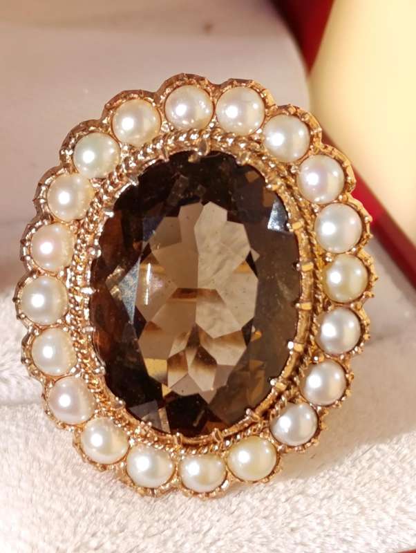 Rare Estate Seed Pearl Smokey Topaz Ring