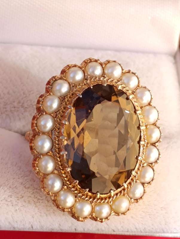 Rare Estate Seed Pearl Smokey Topaz Ring