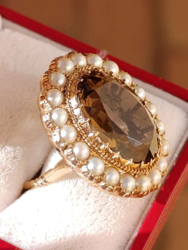 Rare Estate Seed Pearl Smokey Topaz Ring