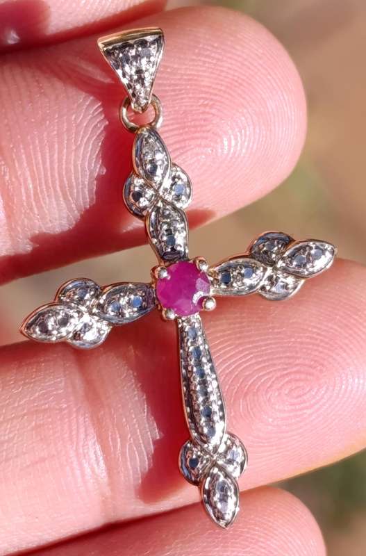 Gold On Sterling Diamond Ruby Cross Pendant
