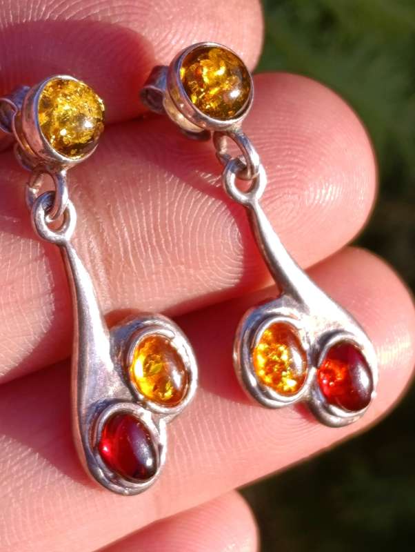 Natural Amber Sterling Drop Earrings