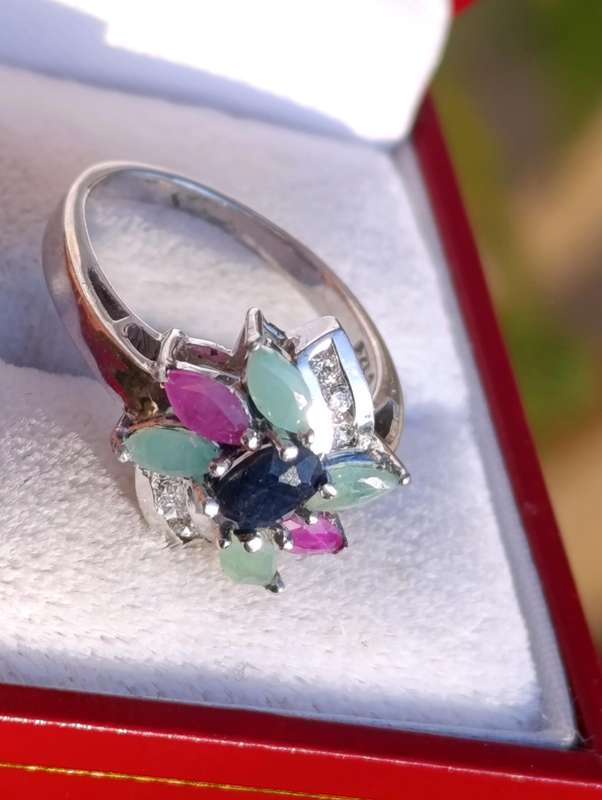 Sterling Ruby Emerald Sapphire Ring