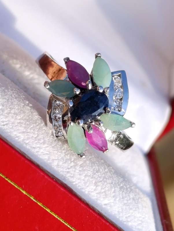Sterling Ruby Emerald Sapphire Ring