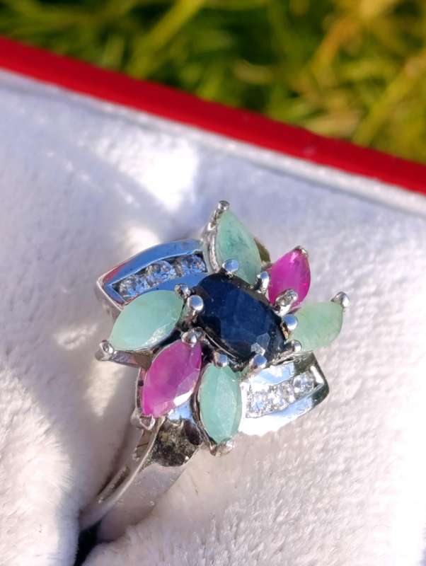 Sterling Ruby Emerald Sapphire Ring