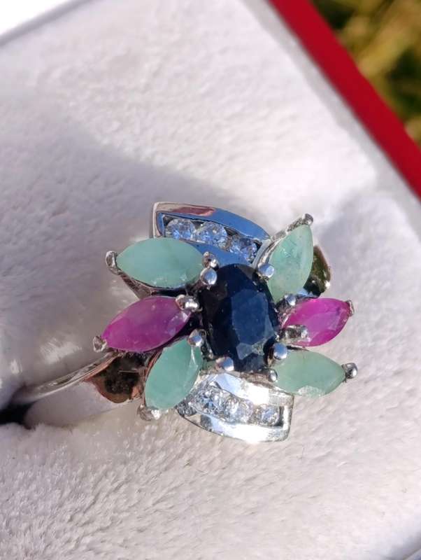 Sterling Ruby Emerald Sapphire Ring