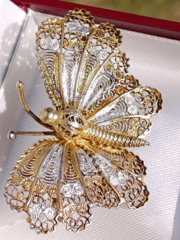 Vintage Butterfly Gold Vermeil Silver Brooch