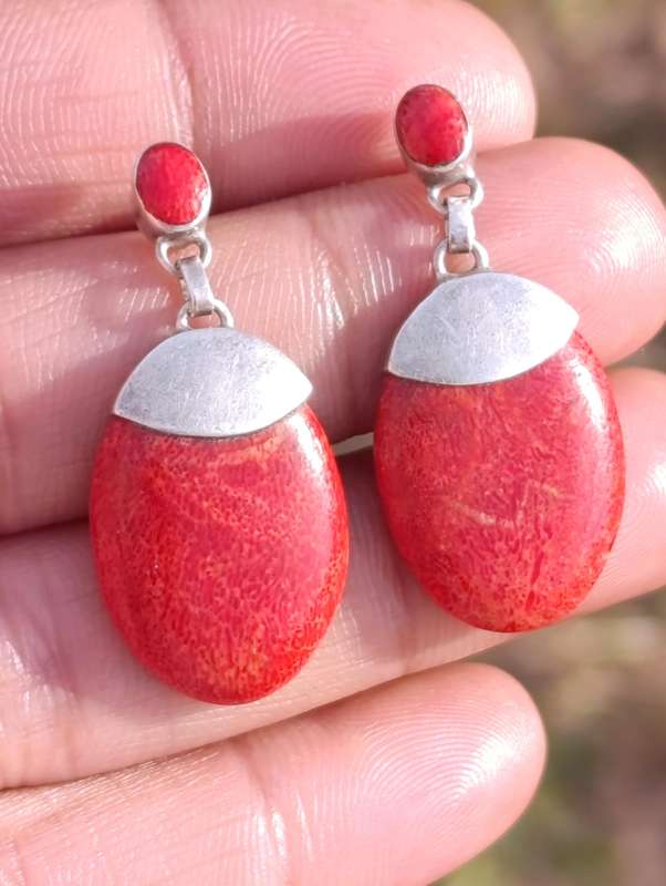 Sterling Vintage Red Coral Drop Earrings
