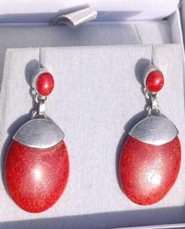 Sterling Vintage Red Coral Drop Earrings