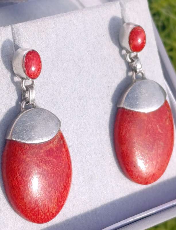 Sterling Vintage Red Coral Drop Earrings
