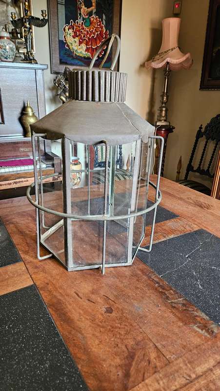 Large Antique Garden Metal Hanging Lamp Shade with Glass Panes