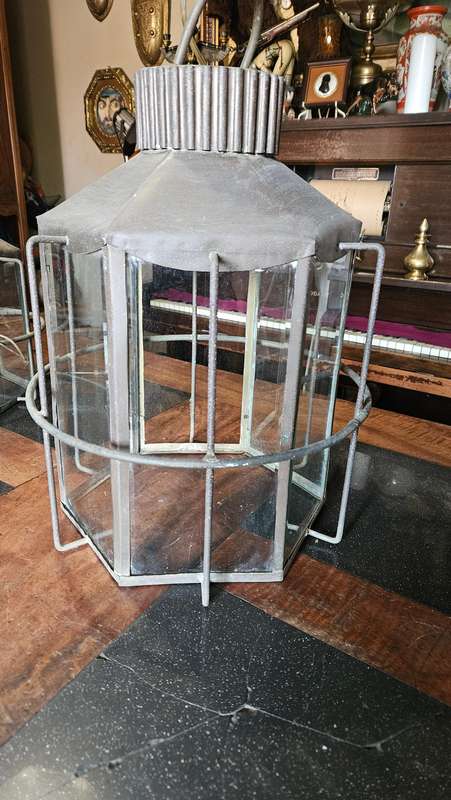 Large Antique Garden Metal Hanging Lamp Shade with Glass Panes
