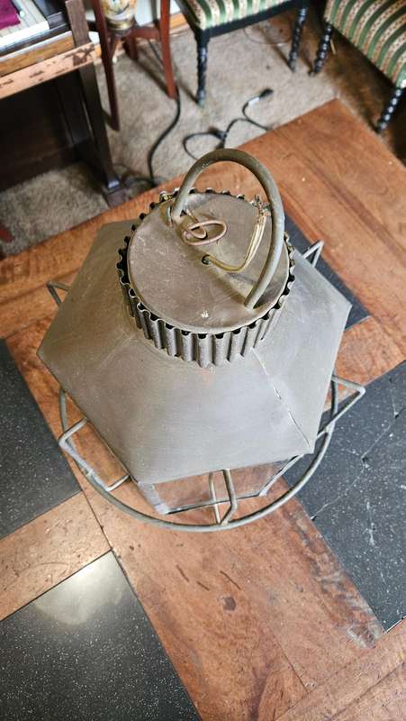 Large Antique Garden Metal Hanging Lamp Shade with Glass Panes