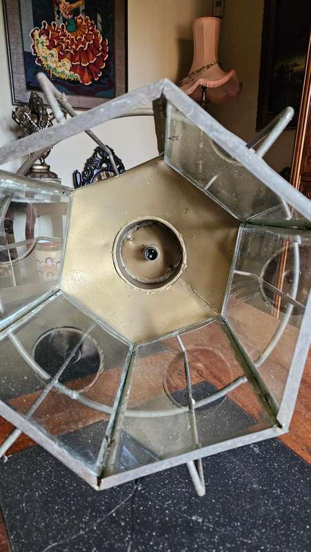 Large Antique Garden Metal Hanging Lamp Shade with Glass Panes