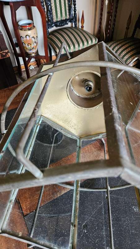 Large Antique Garden Metal Hanging Lamp Shade with Glass Panes