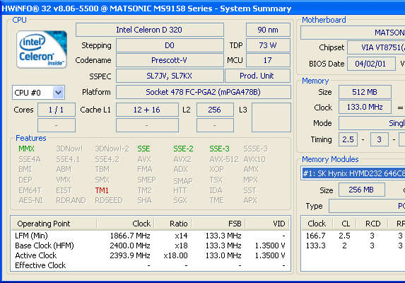 Matsonic 478 board | Intel P4 Celeron 2.4GHz | 512MB RAM | 20GB IDE HDD | 320w PSU | Windows XP Pro