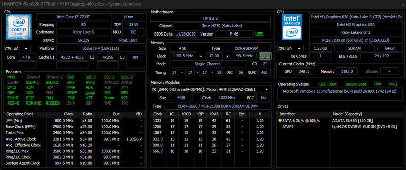HP i7 7700 3.8GHz | DDR4 4GB RAM | SSD 120GB | Windows 11 Pro | 80 plus PSU