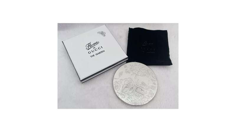 BRAND NEW  | Original, Authentic Flora by Gucci Garden Compact Two Sided Gucci Imprint Mirror Silver