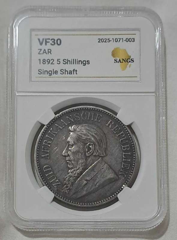 1892 ZAR Silver Kruger 5 Shillings Crown Graded SANGS VF30