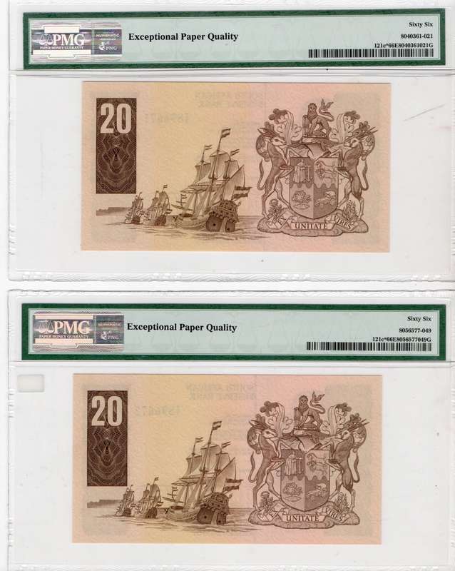 1981 Twenty Twintig Rand Replacement Consecutive Pair PMG 66 GPC de Kock Z/7 896671-2 GEM UNC EPQ