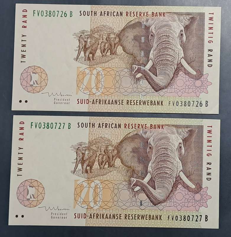 1999-2004 Twenty Rand Consecutive UNC Pair Mboweni FV0380726-7B