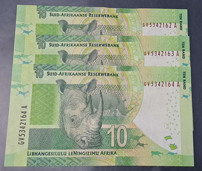 3x UNC Consecutive Ten Rand Notes Kganyago GV4352162-4A
