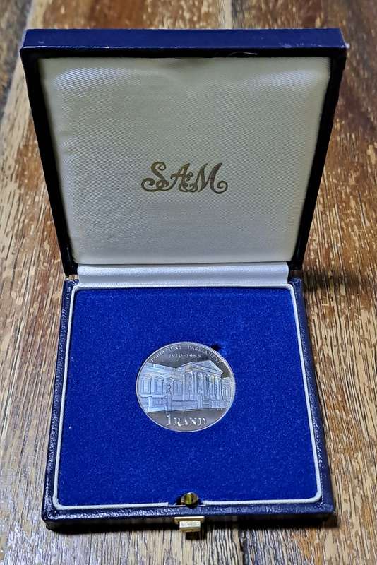 1985 Silver Rand Parliament Proof in SA Mint case