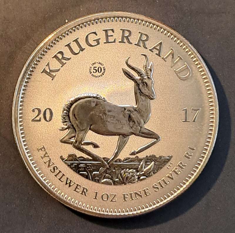 Premium UNC 2017 Silver 1 oz Krugerrand 50 yr Privy ,with Certificate. Toning coin.