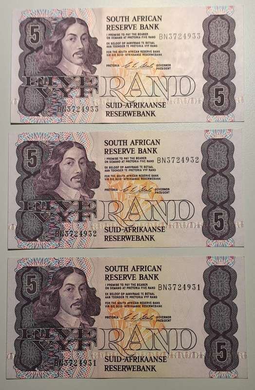 1990 Consecutive run 3 x Five Vyf Rand notes Stals BN3724931-3