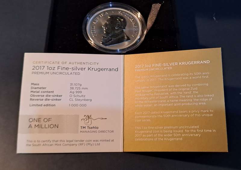 Premium UNC 2017 Silver 1 oz Krugerrand 50 yr Privy ,with SA Mint Box and Certificate.
