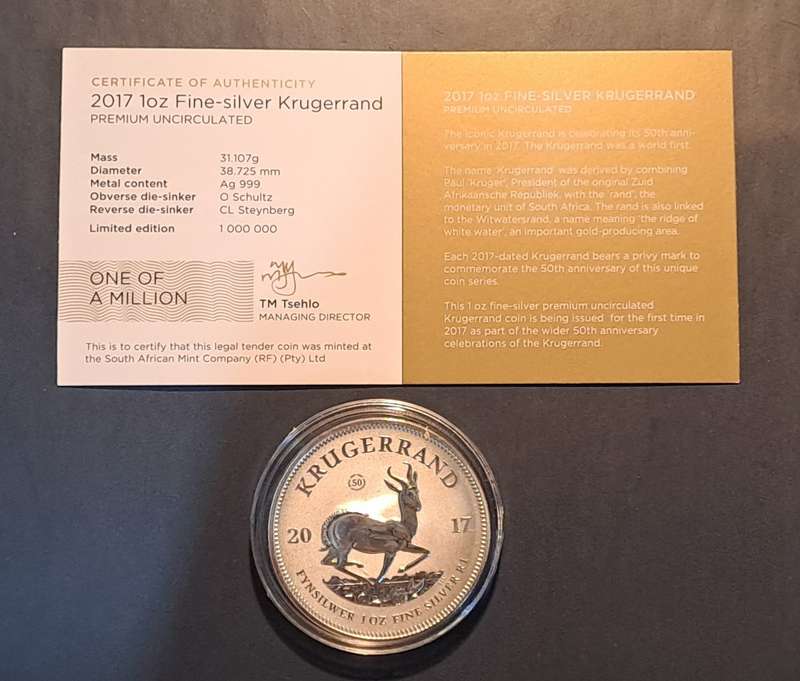 Premium UNC 2017 Silver 1 oz Krugerrand 50 yr Privy ,with Certificate. Toning coin.