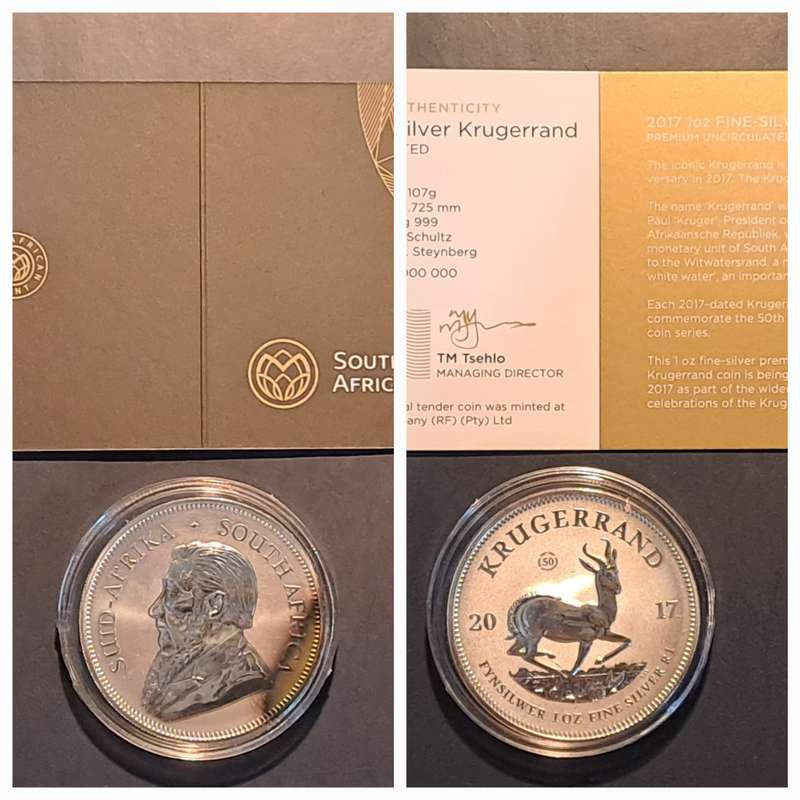 Premium UNC 2017 Silver 1 oz Krugerrand 50 yr Privy ,with Certificate. Toning coin.