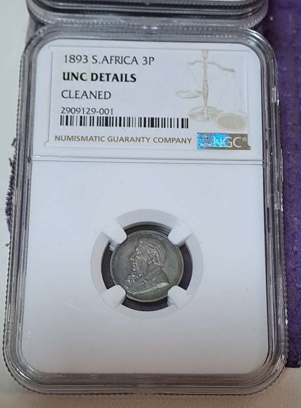 1893 S.Africa ZAR Kruger Silver Tickey 3p UNC NGC details cleaned