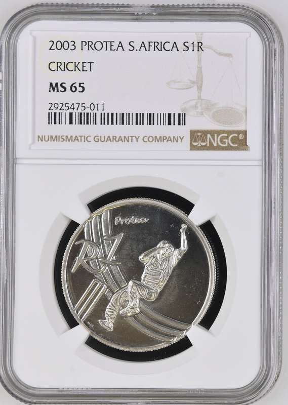 2003 Silver One Rand Protea S.Africa S1R Cricket NGC MS65 UNC