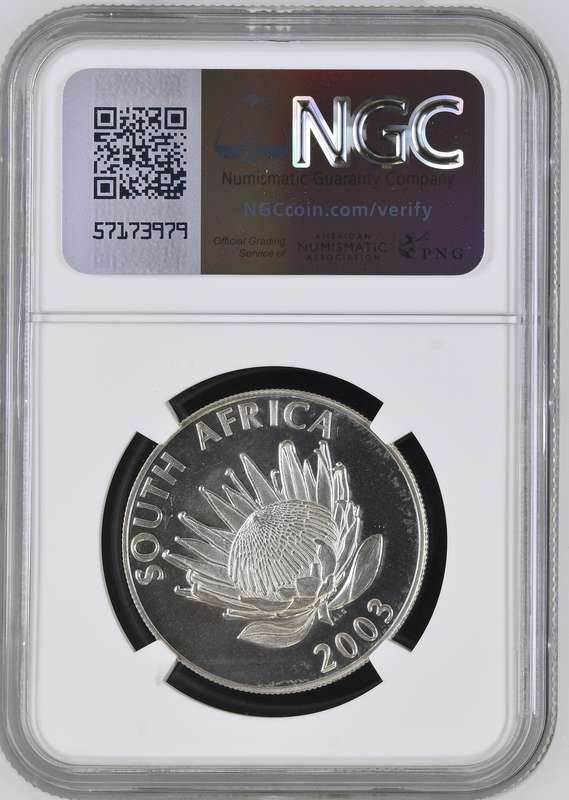 2003 Silver One Rand Protea S.Africa S1R Cricket NGC MS65 UNC