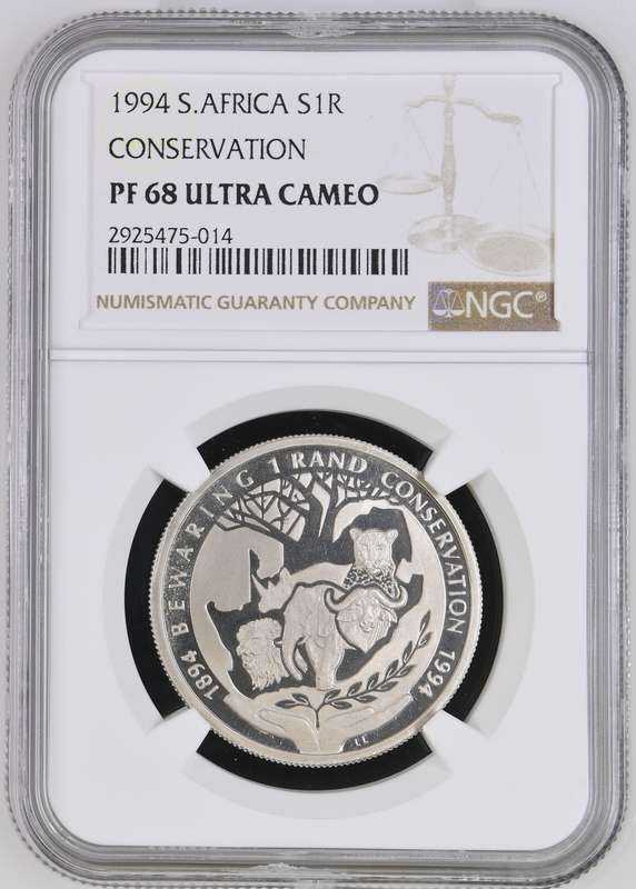 1994 S.Africa S1R Conservation NGC PF68 Ultra Cameo Silver One Rand