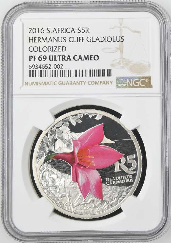 2016 Silver 1oz S5R Hermanus Cliff Gladiolus Colorized NGC PF69 Ultra Cameo (Gladiolus Carmineus)