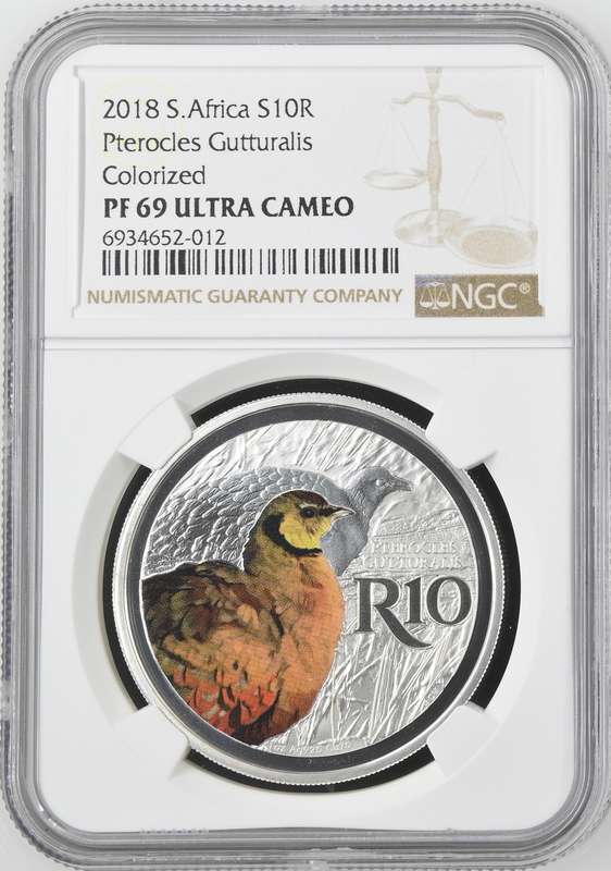 2018 Silver S10R Pterocles Gutturalis Colorized NGC PF69 Ultra Cameo (Yellow Throated Sandgrouse)