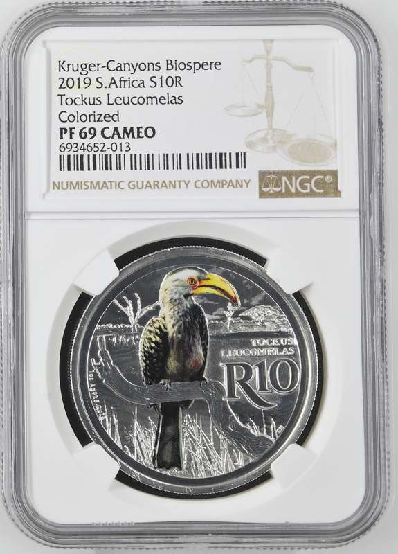 2019 Silver Proof S10R Tockus Leucomelas Colorized NGC PF69 Cameo (Yellow-Billed Hornbill) TOP POP