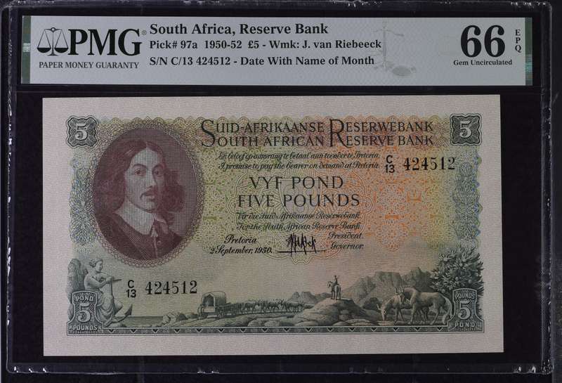 2 September 1950 Vyf Pond Five Pounds PMG 66 EPQ Gem UNC MH de Kock