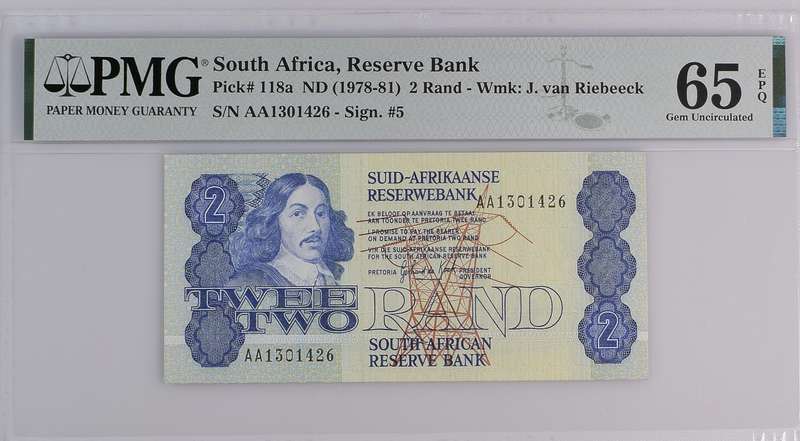 Graded AA Prefix Twee Two Rand Note GPC de Kock PMG65 GEM UNC EPQ AA1301426