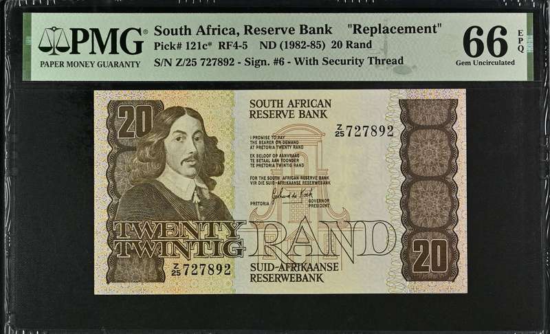 PMG 66 Graded Replacement Note Gem UNC EPQ  1984 Twenty Twintig Rand GPC de Kock Pick# 121c*