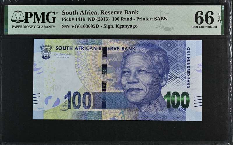 Graded PMG 66 ND(2016) R100 One Hundred Rand note Kganyago GEM UNC EPQ , Pick# 141b