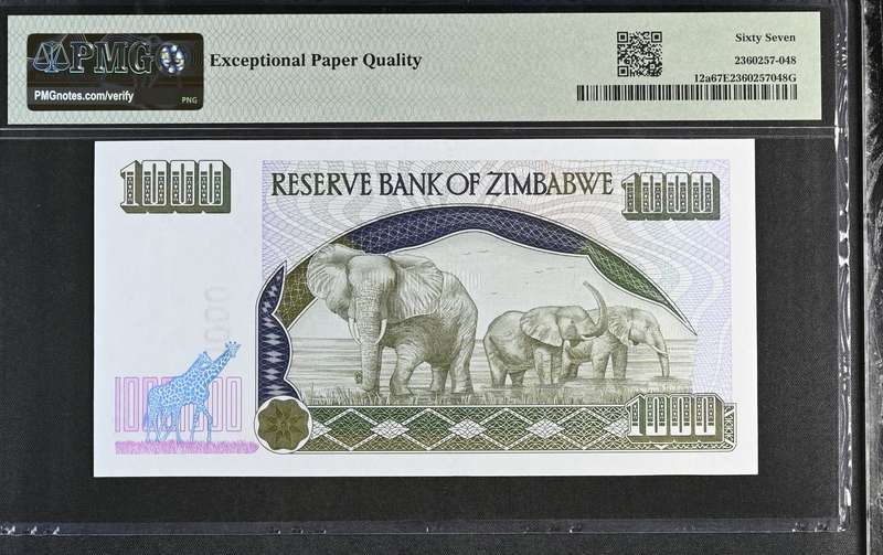 2003 Zimbabwe 1000 Dollars Graded PMG 67 Superb Gem UNC LARGE Digits in S/N