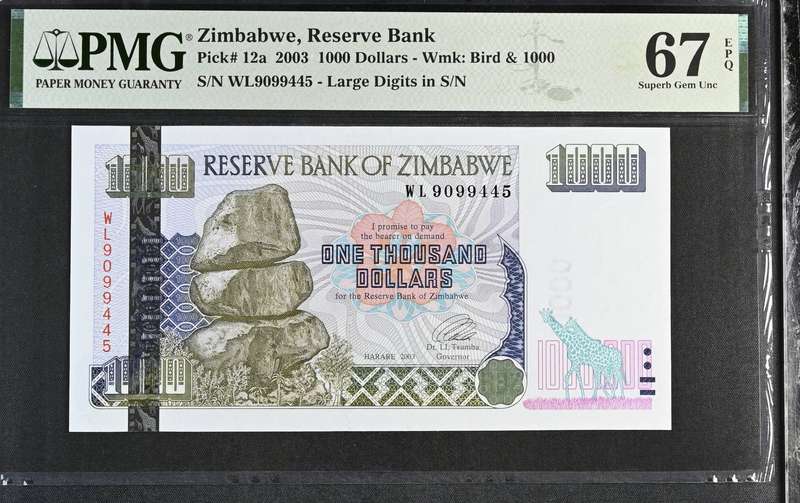 2003 Zimbabwe 1000 Dollars Graded PMG 67 Superb Gem UNC LARGE Digits in S/N