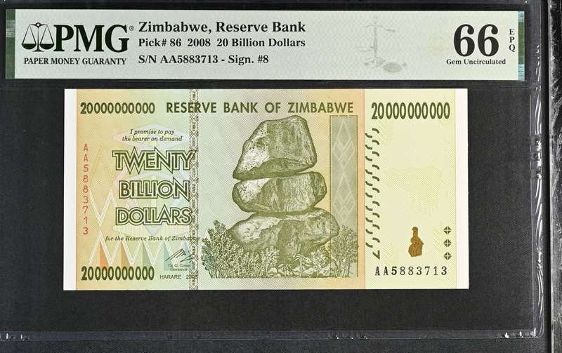 2008 Zimbabwe 20 Billion Dollars Graded PMG 66 Gem UNC S/N AA5883713