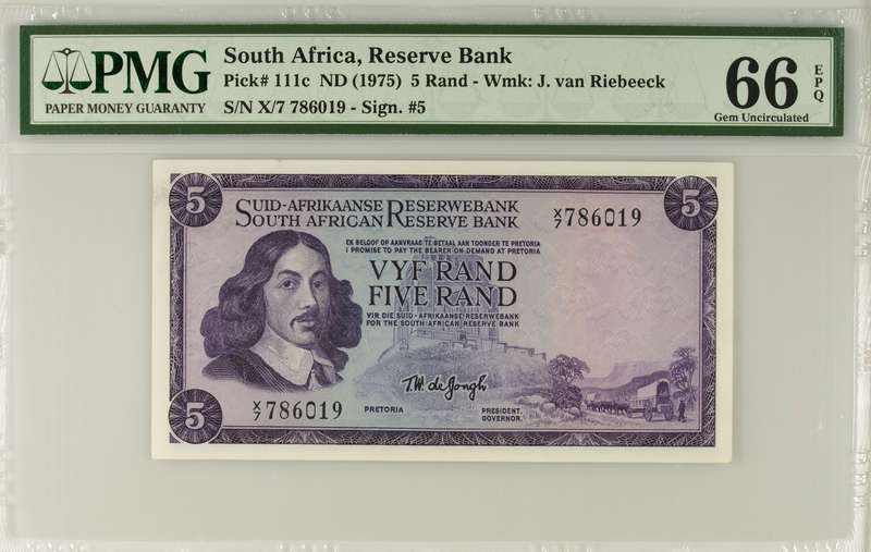 X/7 786019 Graded PMG 66 Replacement Note Vyf Five Rand TW de Jongh Gem UNC EPQ Pick# 111c