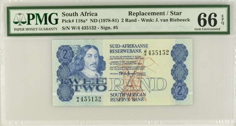 1978 W/4 Replacement Twee Two Rand Note PMG66 GEM UNC EPQ GPC de Kock W/4 435132