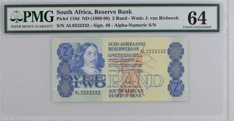 Graded AL Prefix Twee Two Rand Note GPC de Kock PMG 64 CHOICE UNC AL0232332
