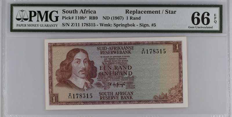 1967 Z/11 Replacement Een One Rand Note PMG66 Gem UNC EPQ TW de Jongh Z/11 178315